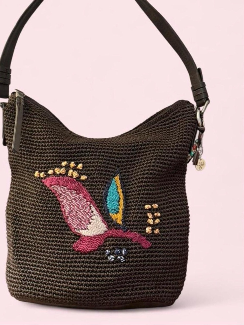 The Sak Woven Shoulder Bag w/Botanical Embroidery & BONUS Bag Charm/Key Ring